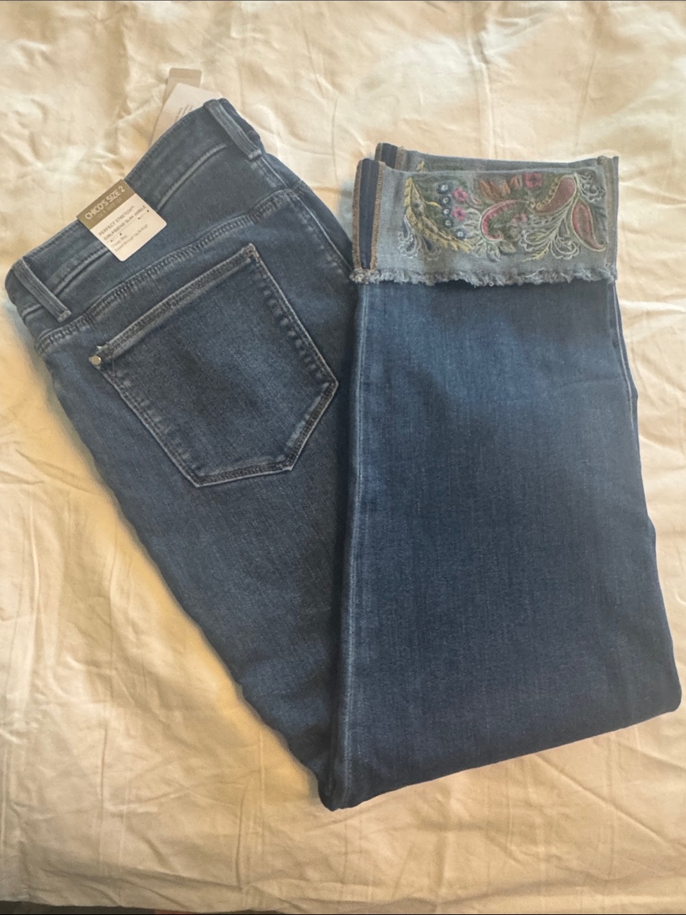 Chico's Dark Blue Ankle Jeans with Embroidered Cuff